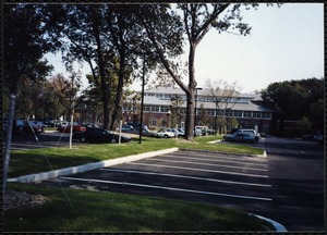 Newton Free Library, Newton, MA. Exterior view of Newton Free Library parking lot