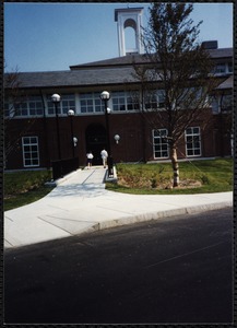 Newton Free Library, Newton, MA. Exterior view of Newton Free Library bridge and entrance