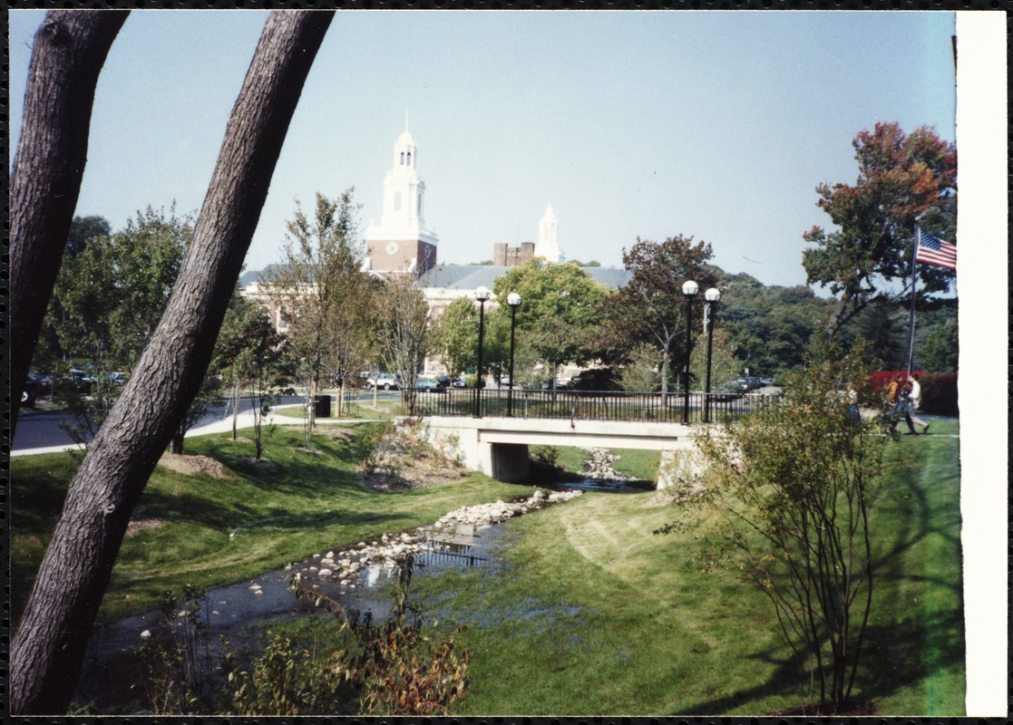 Newton Free Library, Newton, MA. Newton Free Library grounds and bridge. Newton City Hall. Homer Street