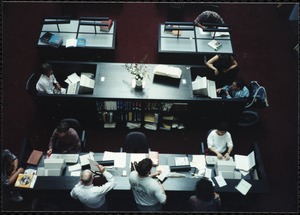 Newton Free Library, Newton, MA. Interior. Reference Department with patrons at tables from above