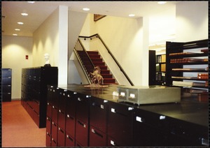 Newton Free Library, Newton, MA. Interior. File cabinets, back stairway, atlases