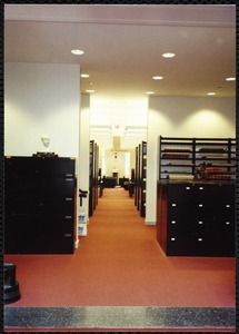 Newton Free Library, Newton, MA. Interior. File cabinets, atlases, view into Periodicals Room