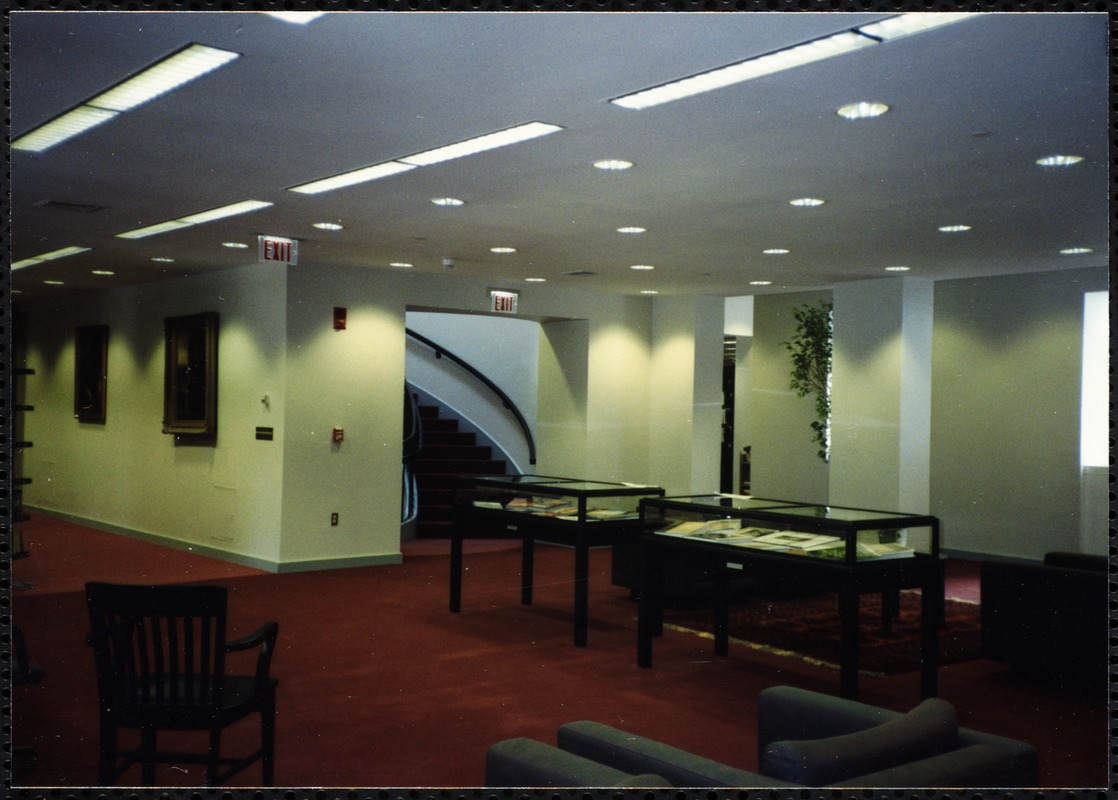 Newton Free Library, Newton, MA. Interior. 2nd floor landing with display cases