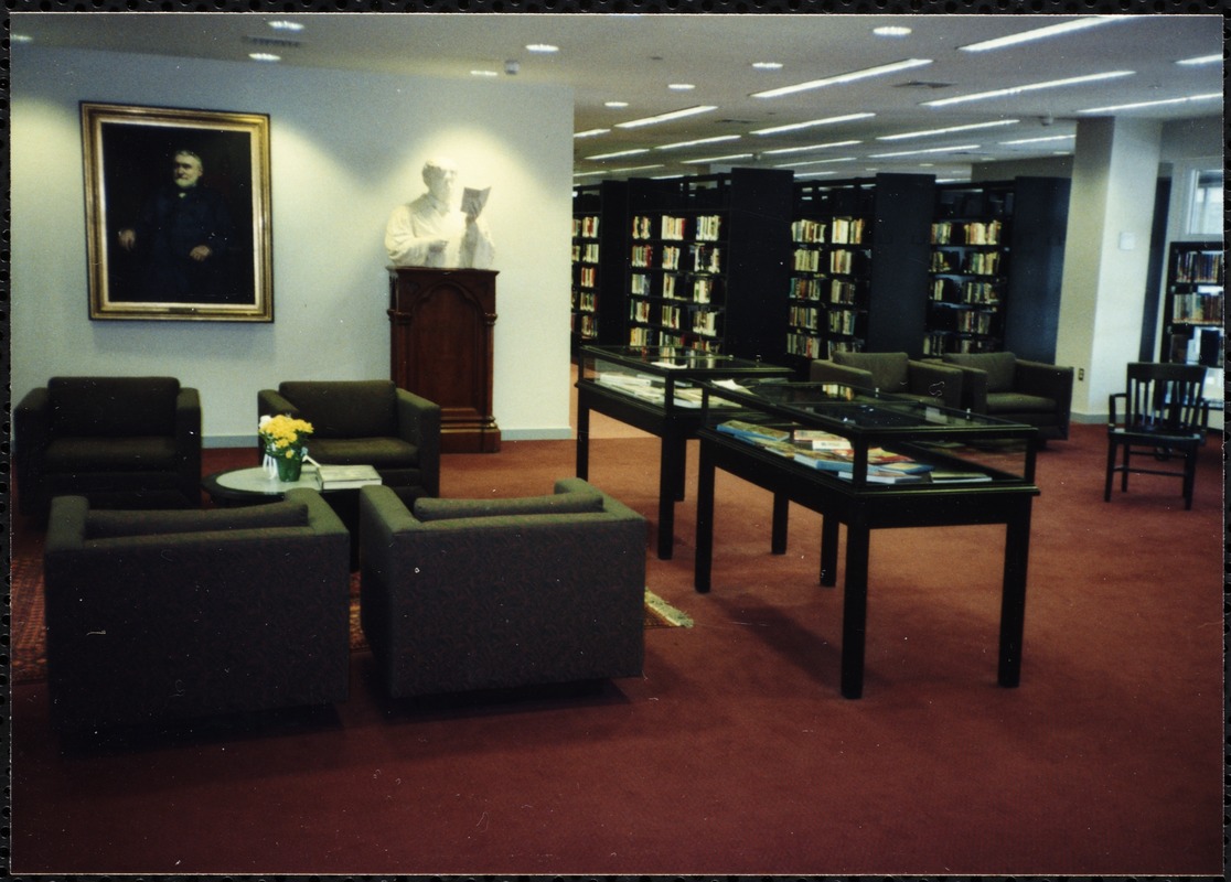 Newton Free Library, Newton, MA. Interior. 2nd floor landing with display cases