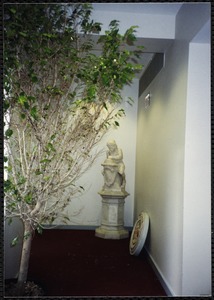 Newton Free Library, Newton, MA. Interior. Corner with Michelangelo in his Youth sculpture and potted tree