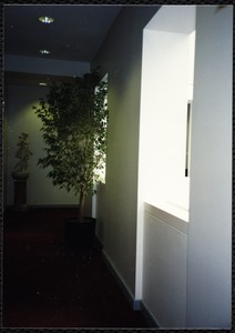Newton Free Library, Newton, MA. Interior. 2nd Floor corridor with atrium windows, tree, statue of Diana