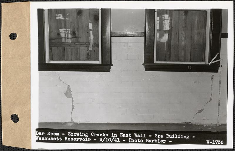 Bar room, showing cracks in east wall, Spa Building, Wachusett Reservoir, Clinton, Mass., Sep. 10, 1941