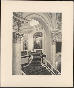 Interior view of Boston Opera House, lobby staircase with portrait of lady