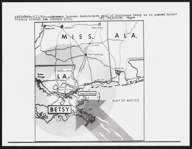 Newsmap locates destructive path of Hurricane Betsy as it pushed inland cutting through New Orleans.