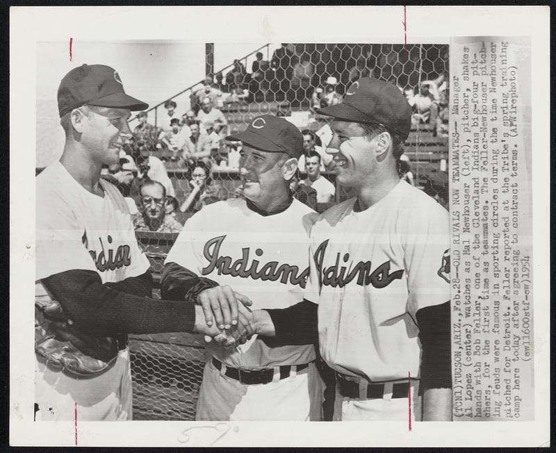 Old Rivals Now Teammates--Manager Al Lopez (center) watches as Hal ...