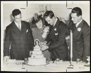 Ending The Season in Style – Johnny Rucker, New York Giants center fielder, will not cut any part of a world series melon this year, but it doesn't seem to bother him as he and his bride, the former Alma Eunine Pancost, cut into their wedding cake yesterday at Dobbs Ferry, N.Y.