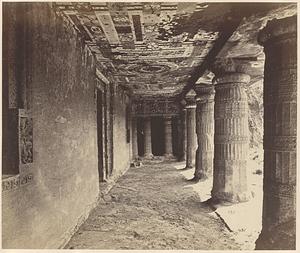 View from left end looking along interior of verandah of Buddhist Vihara, Cave II, Ajanta