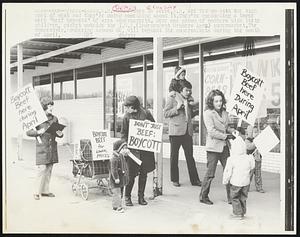 Keene, N.H. Housewives in Keene, N.H. are fed up with the high cost of meat and they're doing something about it. They're conducting a three week "beef boycott" of area supermarkets. Here one group of mothers with their children, picket outside the I.G.A. (Independent Grocers Assn.) supermarket. The housewives, numbering around 60, will boycott the supermarket during the month of April. Demon. Economy.