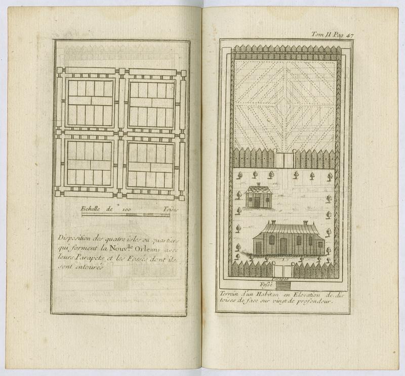 Disposition des quatre isles ou quartiers qui forment la Nouvlle. Orleans avec leurs parapets et les fosses dont its sont entoures ; terrein d'un habitan en elevaton de dix toises de face sur vingt de profondeur