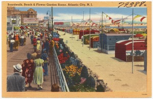 Boardwalk, beach and flower garden scene, Atlantic City, N.J.