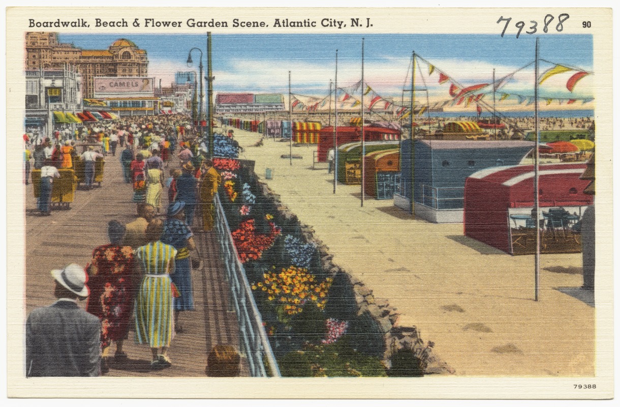 Boardwalk, beach and flower garden scene, Atlantic City, N.J.