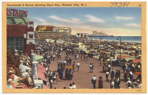 Boardwalk & beach showing Steel Pier, Atlantic City, N.J.