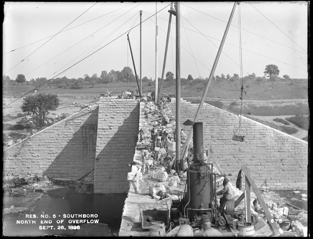 Sudbury Reservoir, north end of overflow and gatehouse, Sudbury Dam, from the south, Southborough, Mass., Sep. 26, 1896