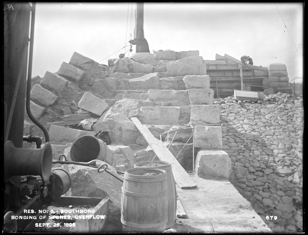 Sudbury Reservoir, bonding of stone near sound end of overflow, Sudbury Dam, from the north, Southborough, Mass., Sep. 26, 1896