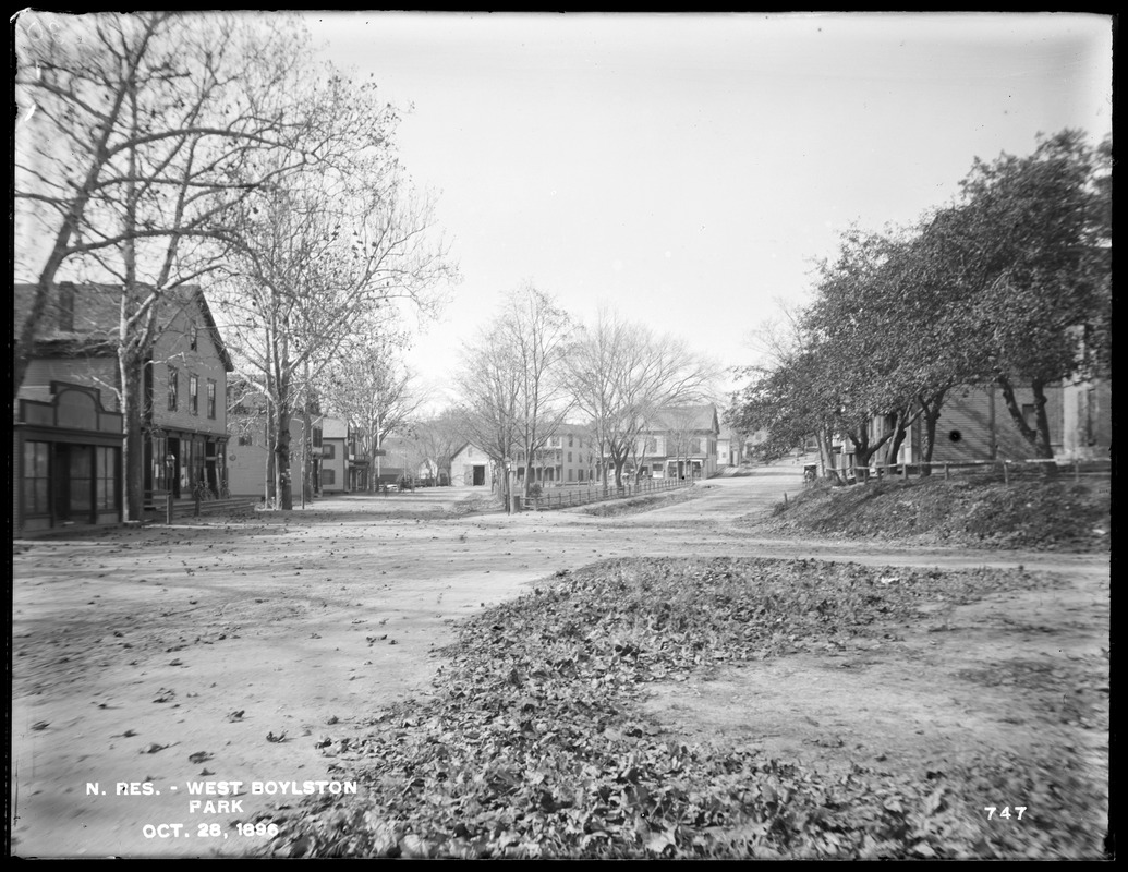 Wachusett Reservoir, West Boylston Park, Square and Common from the east at corner of Beaman and East Main Street, West Boylston, Mass., Oct. 28, 1896
