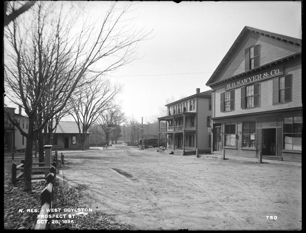 Wachusett Reservoir, Prospect Street, from the south side of East Main Street, at west end of Common looking southwest, West Boylston, Mass., Oct. 28, 1896