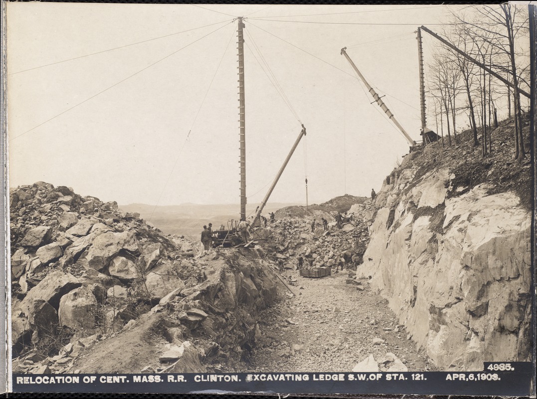 Relocation Central Massachusetts Railroad, excavating ledge, southeast of station 121, Clinton, Mass., Apr. 6, 1903