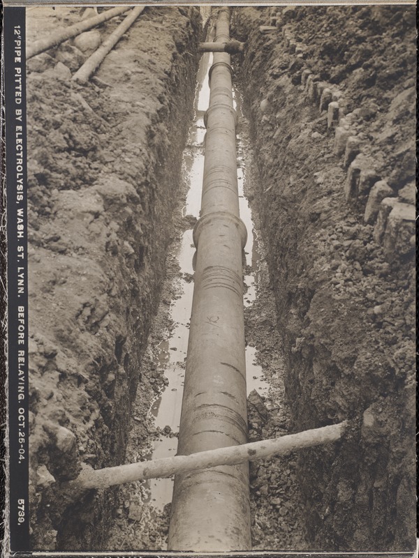 Electrolysis, Northern High Service Pipe Lines, Section 27, Washington Street, 12-inch pipe before removal, showing electrolytic pittings, Lynn, Mass., Oct. 25, 1904