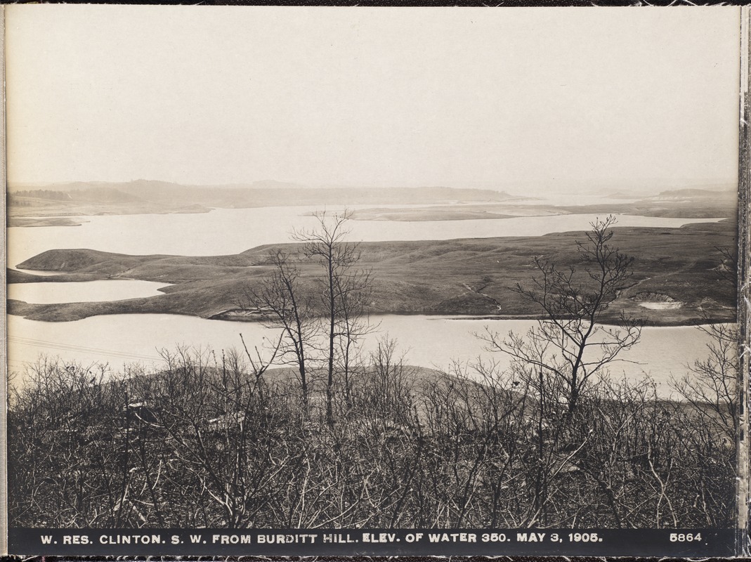 Wachusett Reservoir, southwesterly from Burditt Hill, elevation of water 350, Clinton, Mass., May 3, 1905