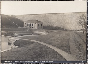 Wachusett Dam, dam and gatehouse, from the northeast, Clinton, Mass., Jan. 30, 1906
