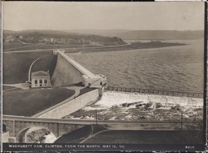 Wachusett Dam, dam, from the north, water flowing over Waste Weir, Clinton, Mass., May 12, 1908