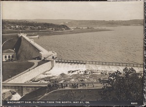 Wachusett Dam, dam, from the north, water flowing over Waste Weir; visit by MWSB board members and officials of cities and towns in the Metropolitan Water District (approximately 120 people attended), Clinton, Mass., May 27, 1908