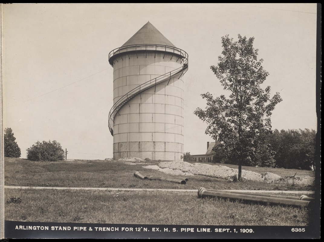 Distribution Department, Northern Extra High Service Pipe Lines, Arlington Standpipe and trench for 12-inch pipe line, Arlington, Mass., Sep. 1, 1909