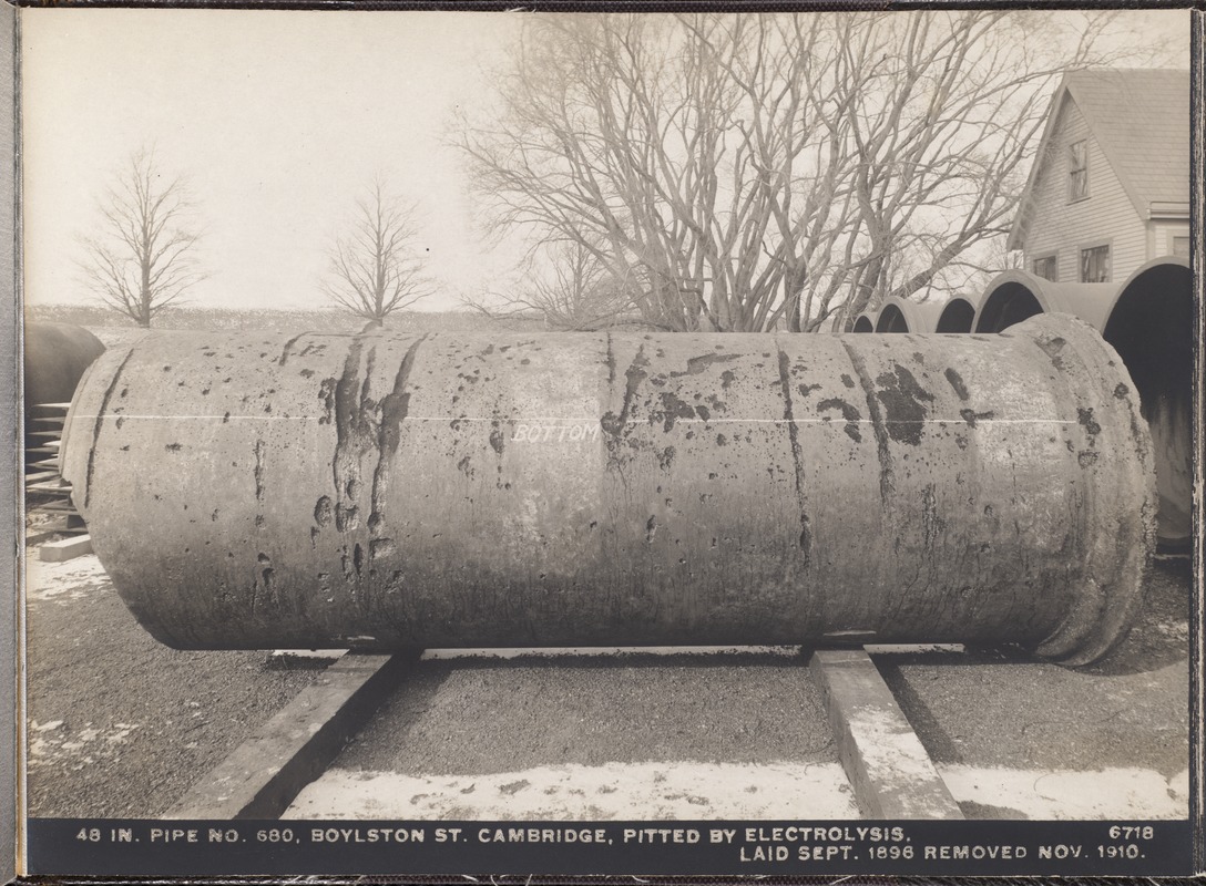 Electrolysis, 48-inch pipe No. 680 pitted by electrolysis, Boylston Street; laid September 1896, removed November 1910, Cambridge, Mass., Dec. 8, 1910
