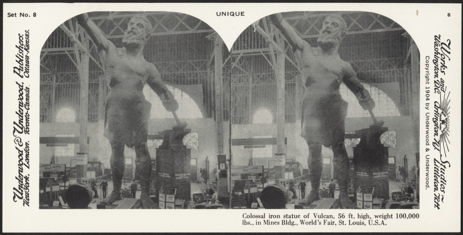 Colossal iron statue of Vulcan, 56 ft. high, weight 100,000 lbs., in Mines Bldg., World's Fair, St. Louis, U.S.A.