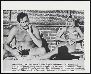 Actor Errol Flynn sunbathes in California pool with 22-year-old protege Beverley Aadland in picture taken shortly before Flynn's death. The 50-year-old former swashbuckling hero of films died in Vancouver Wednesday of heart attack.