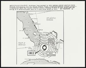 Miami: Hurricane Inez, spotted in this newsmap, spared populous south Florida 10/3, turning into the Bahama Islands where a hurricane-spawned tornado killed a 15-month-old child and injured several others. Packing 80 mile an hour winds, Inez was moving on a north-northeast path at a slow seven miles an hour.