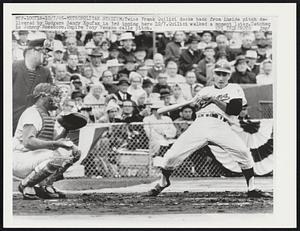 Metropolitan Stadium: Frank Quilici ducks back from inside pitch delivered by Dodgers Sandy Koufax in 3rd inning here 10/7. Quilici walked a moment later. Catcher is Johnny Roseboro. Umpire Tony Venzon calls pitch.