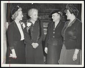 Traveler’s Aid Meeting at the home of Mrs. Charles Francis Adams was attended, yesterday by, left to right, Mrs. Emily B. Houghton, Boston, general secretary; Mrs. Adams, first vice-president, who presided; Miss Sophie M. Friedman, secretary, and Miss Constance P. Learned, chairman, executive board.
