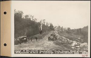 Contract No. 21, Portion of Ware-Belchertown Highway, Ware and Belchertown, ledge at Sta. 143+80, new highway, photo shows blast of 600 lbs. of dynamite at point of discharge, 3:30 PM, looking northwest, Ware and Belchertown, Mass., Oct. 30, 1931