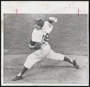 Jack Sanford, Philadelphia Phillies rookie, uncorks a pitch. The Wellesley righthander now has a 6-1 record.