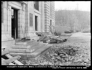 Wachusett Department, Wachusett Dam Hydroelectric Power Station, break in turbine No. 4, view at front entrance, Clinton, Mass., May 3, 1920