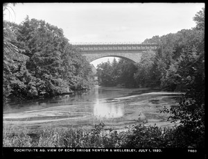 Sudbury Department, Sudbury Aqueduct, view of Echo Bridge, looking upstream towards mill; incorrectly identified as Cochituate Aqueduct, Needham; Newton, Mass., Jul. 1, 1920