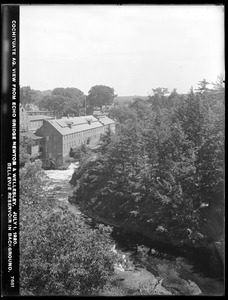 Sudbury Department, Sudbury Aqueduct, view from Echo Bridge, looking upstream towards mill, Bellevue Reservoir in background; incorrectly identified as Cochituate Aqueduct, Needham; Newton, Mass., Jul. 1, 1920