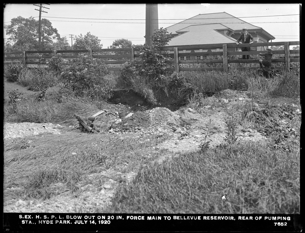Distribution Department, Southern Extra High Service Pipe Lines, blow-out on 20-inch force main to Bellevue Reservoir, rear of Hyde Park Pumping Station, Hyde Park, Mass., Jul. 14, 1920