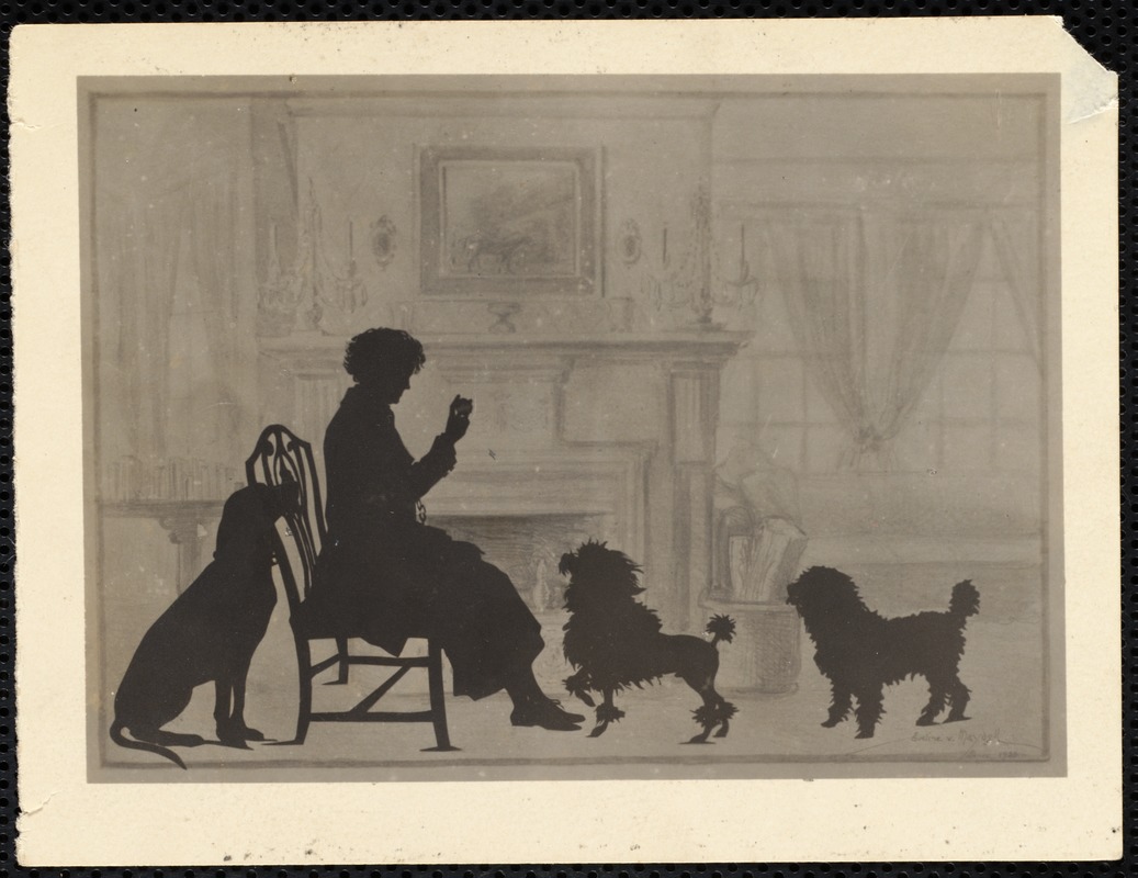 Miss Kate Cary: silhouette print of Kate Cary & three dogs