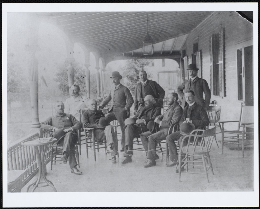 Lenox Club members on porch of old Lenox Club on Walker Street