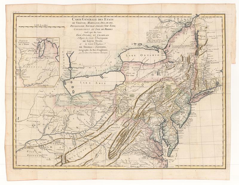 Carte générale des etats de Virginie, Maryland, Delaware, Pensilvanie, Nouveau-Jersey, New-York, Connecticut et Isle de Rhodes ainsi qui des lacs Erié, Ontario, et Champlain d'après la carte amèriquaine de Louis Evans et la carte anglaise de Thomas-Jefferys, géographe du roi d'Angleterre, pour les lettres d'un cultivateur amériquain