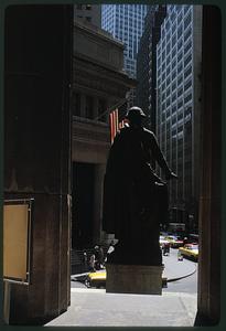 Back view of George Washington statue on steps of Federal Hall National Memorial, New York City