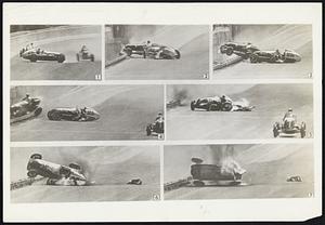 When Death Struck the Speedway. The pictures above, made by a Paramount newsreel cameraman, show in graphic detail the triple crash which caused the death of Flord Roberts of Van Nuys, Cal., as he tried for his second consecutive victory in the 500-mile speed classic at Indianapolis, May 30. The event was won by Wilbur Shaw. Crash series shows:(1) Roberts’ car nears crash with Bob Swanson as another driver(right) swerves to safety. (2)The crash. Roberts’ car careens into fence. (3)Roberts’ car hurdles wall, as Swanson falls from seat. (4)Roberts’ continues fatal drive. Swanson continues tumble to track as another contestant(at right) roars by. (5) Swanson is clear of blazing racer. (6) Swanson’s car runs wild while he lies on track at right. (7)Final position of Swanson’s blazing car. Swanson seriously injured, Roberts dead(off track at left). Chet Miller, third man in fatal crash, hit Swanson car and crashed through fence into infield before this series was made.