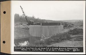 Contract No. 66, Regulating Dams, Middle Branch (New Salem), and East Branch of the Swift River, Hardwick and Petersham (formerly Dana), looking southerly at dam 4, middle branch regulating dams, Hardwick, Mass., Oct. 9, 1939